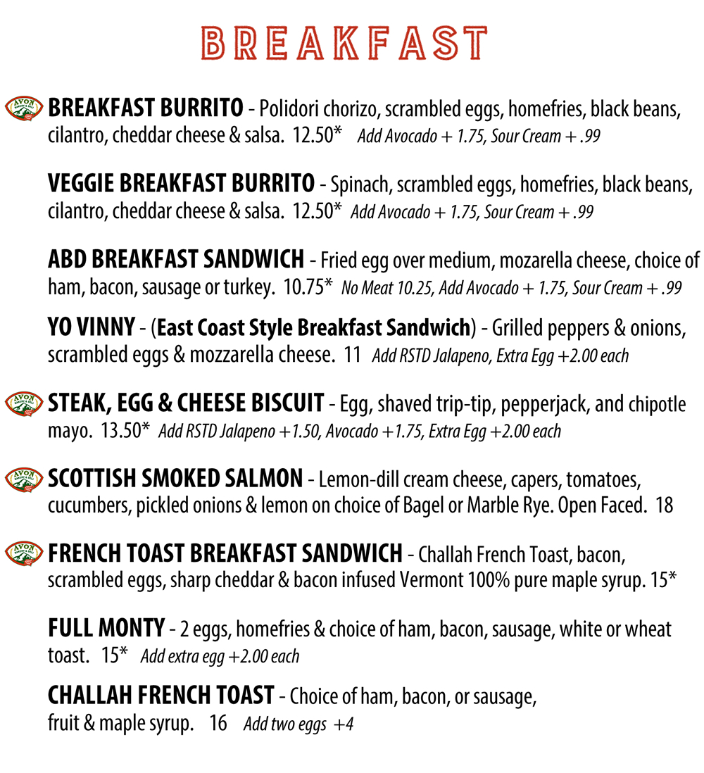 Avon Bakery Deli Breakfast Menu 2025